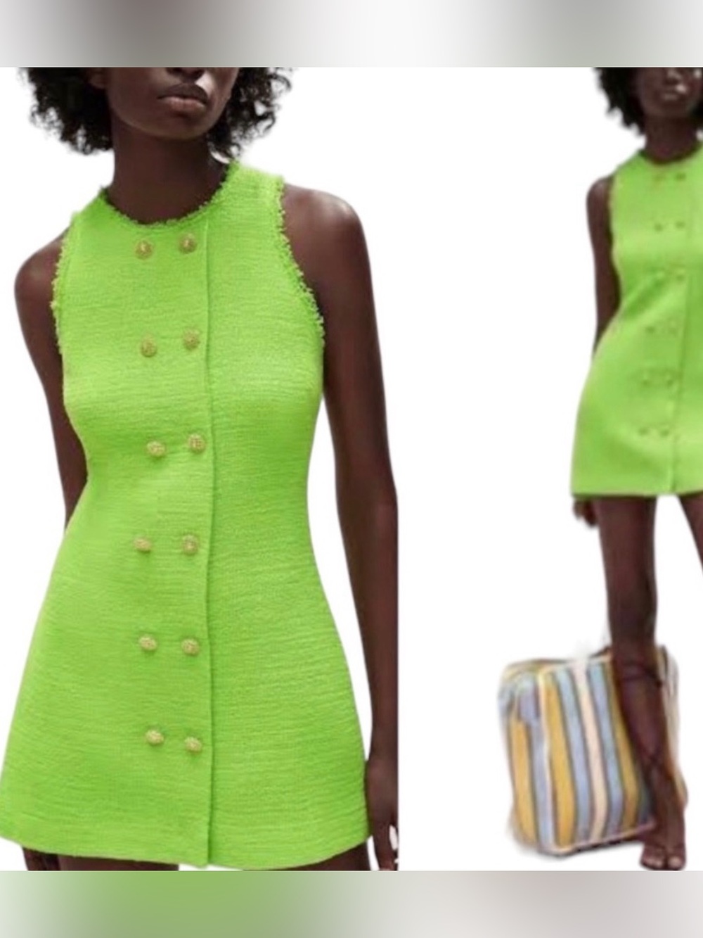 ‼️Sale Zara Neon Green Tweed Mini Dress Double Breasted Frayed Trim XS